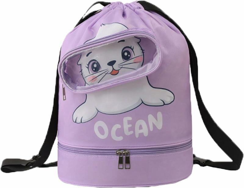 Genți pentru echipamente | Rucsac pentru înot uscat și umed pentru înotători, rucsac sport pentru înot, sac waterproof cu șnur, rucsac de înot cu animale de desene animate drăguțe, culoare violet deschis. Genți pentru echipamente Genți pentru echipamente